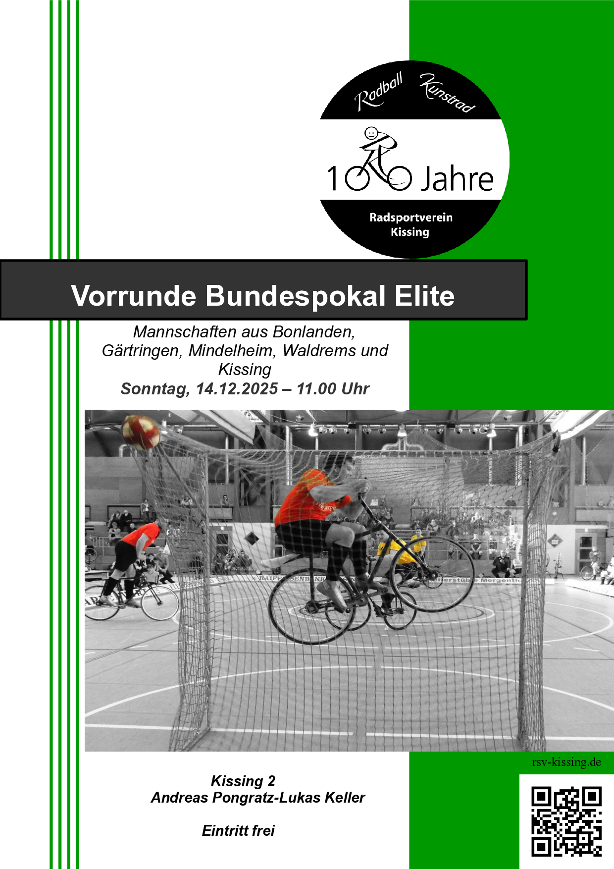 Flyer zu Vorrunde Bundespokal Elite im Radball in Kissing am 14.12.2025 in der Paartalhalle.